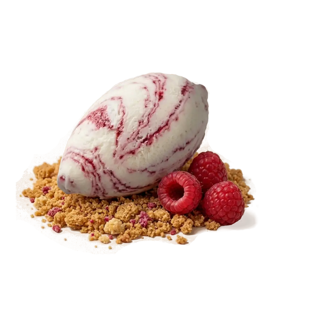 Velvety Wild Berry Cheesecake gelato scoop with deep red berry swirls and crunchy graham biscuit fragments