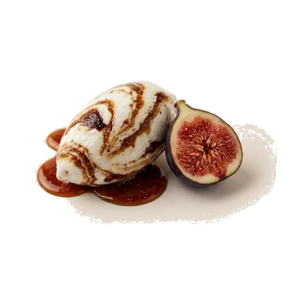 A smooth ball of Queso con Higos cream cheese gelato rippled with dark, rich organic fig jam