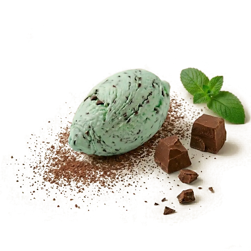 Artisanal spatula-scooped Mint Chocolate Chip gelato accented with fresh mint leaves and dark chocolate fragments